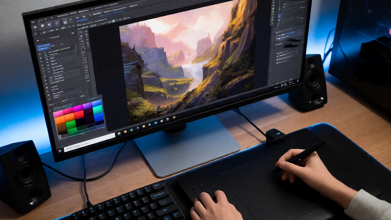 Artist using a graphics tablet and PC to create digital art with Krita software.