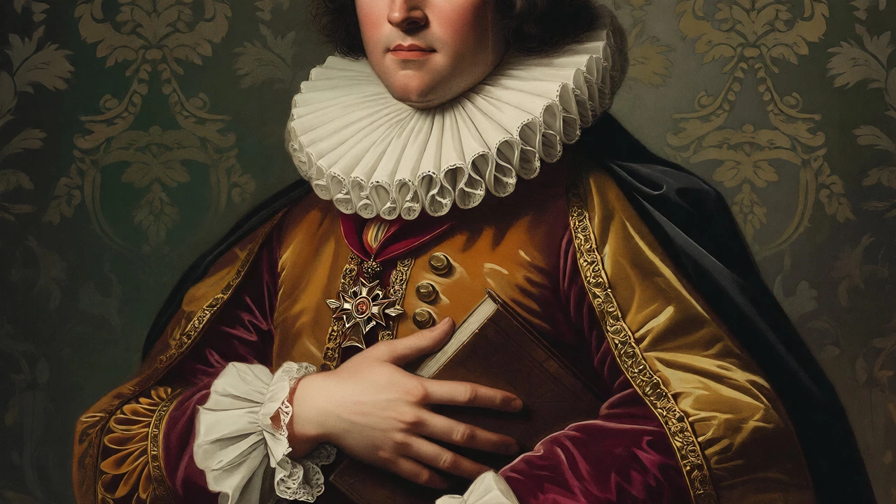 Bust portrait of a nobleman from the waist up wearing a ruffled collar and holding a book.