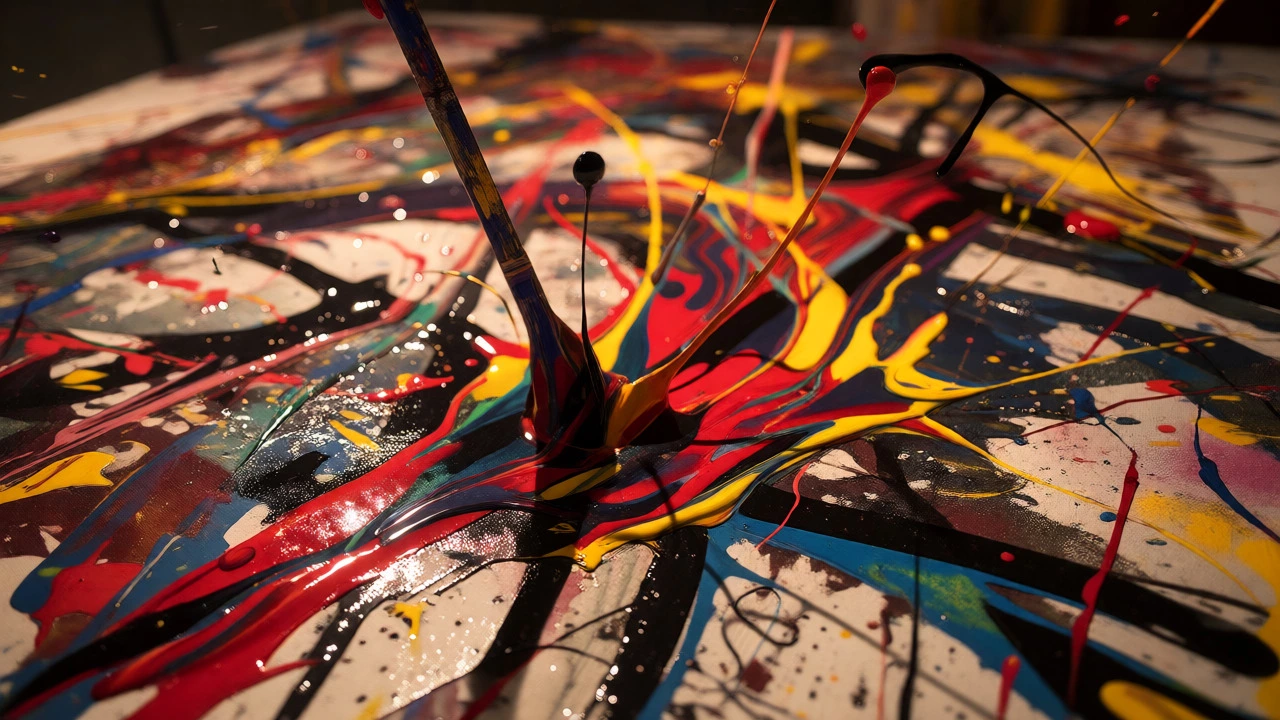 Close-up of paint dripping onto canvas in abstract expressionist style