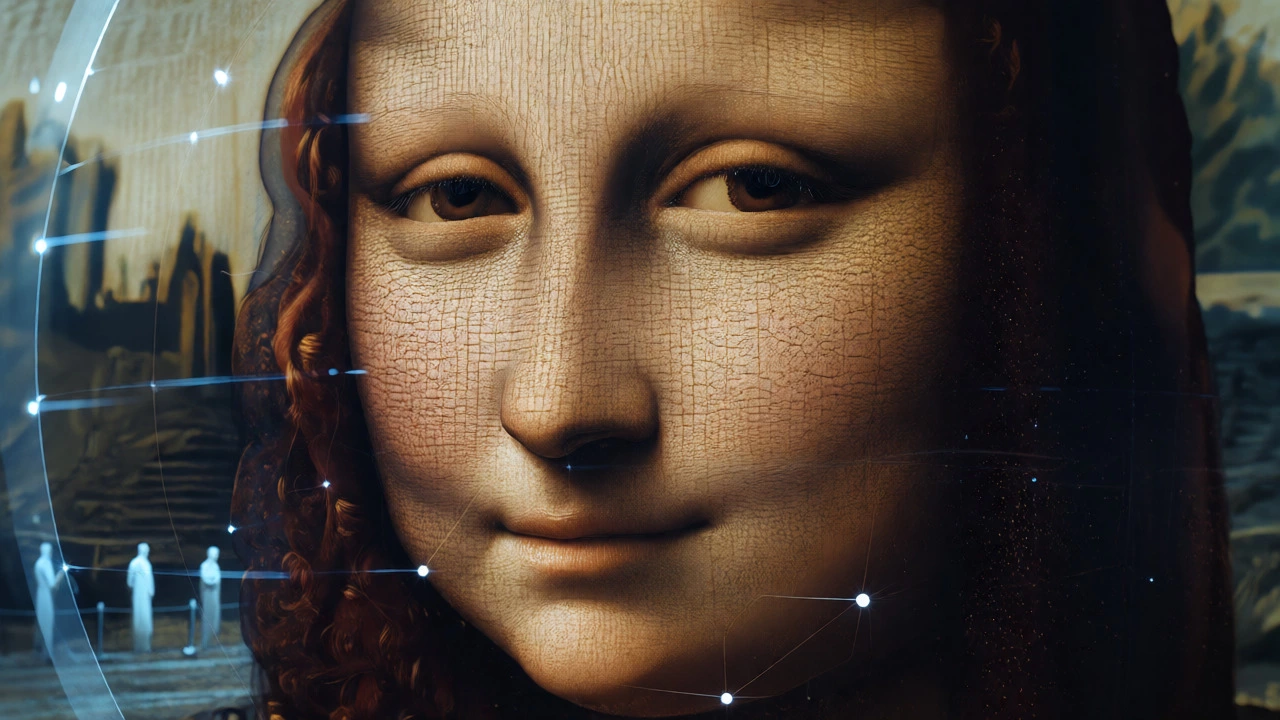 Close-up of the Mona Lisa's face with digital overlays, surrounded by distant, barred billionaire figures.