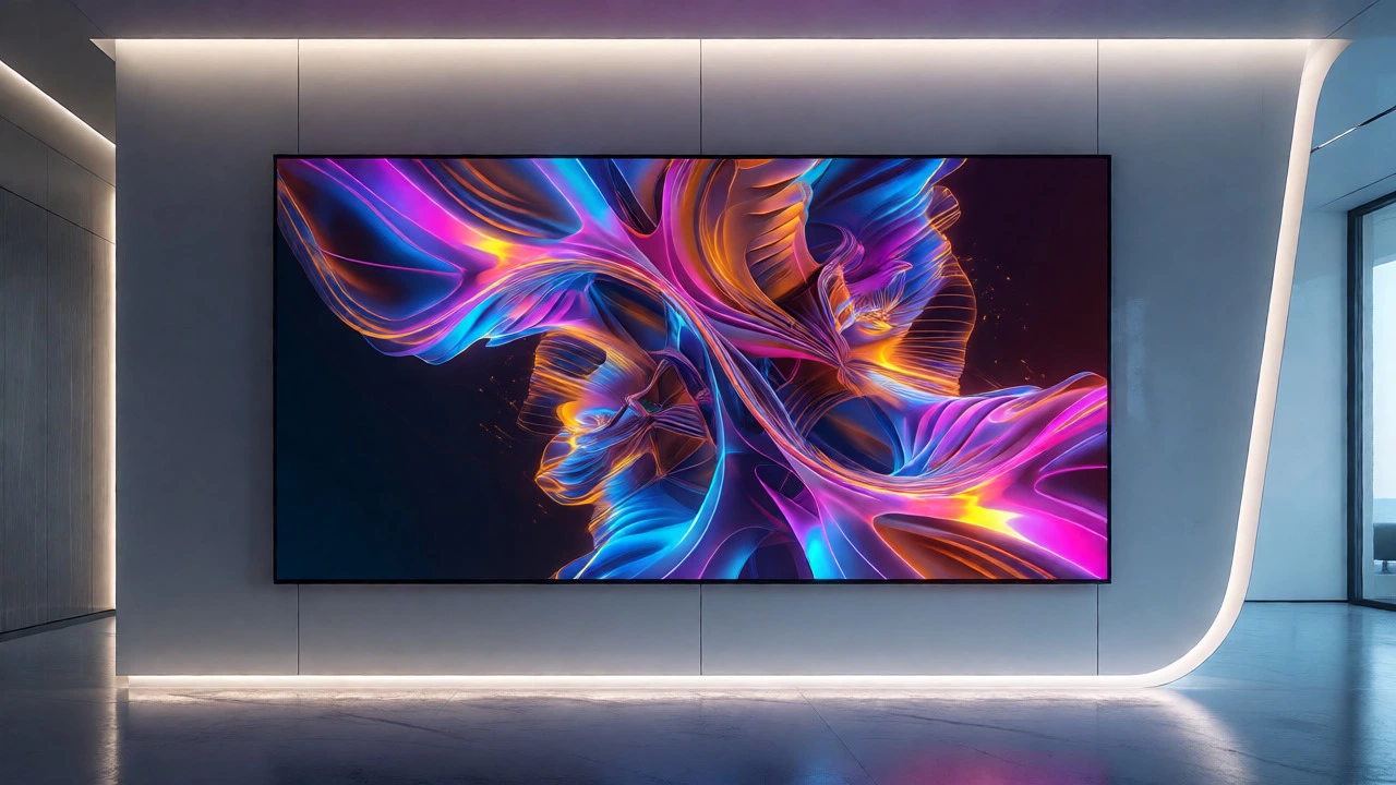 Digital screen displaying vibrant generative abstract art in a minimalist tech office.