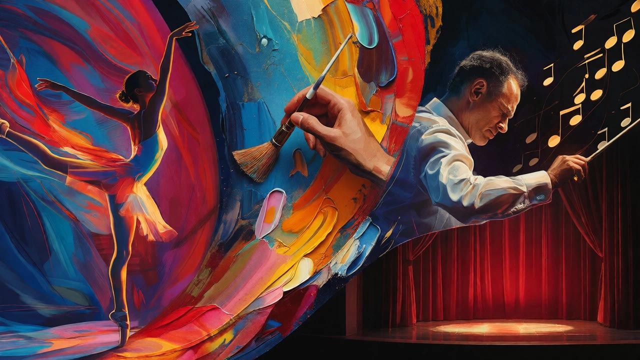 Dynamic collage of ballet, painting, conducting, and theater scenes blending colors and motion.