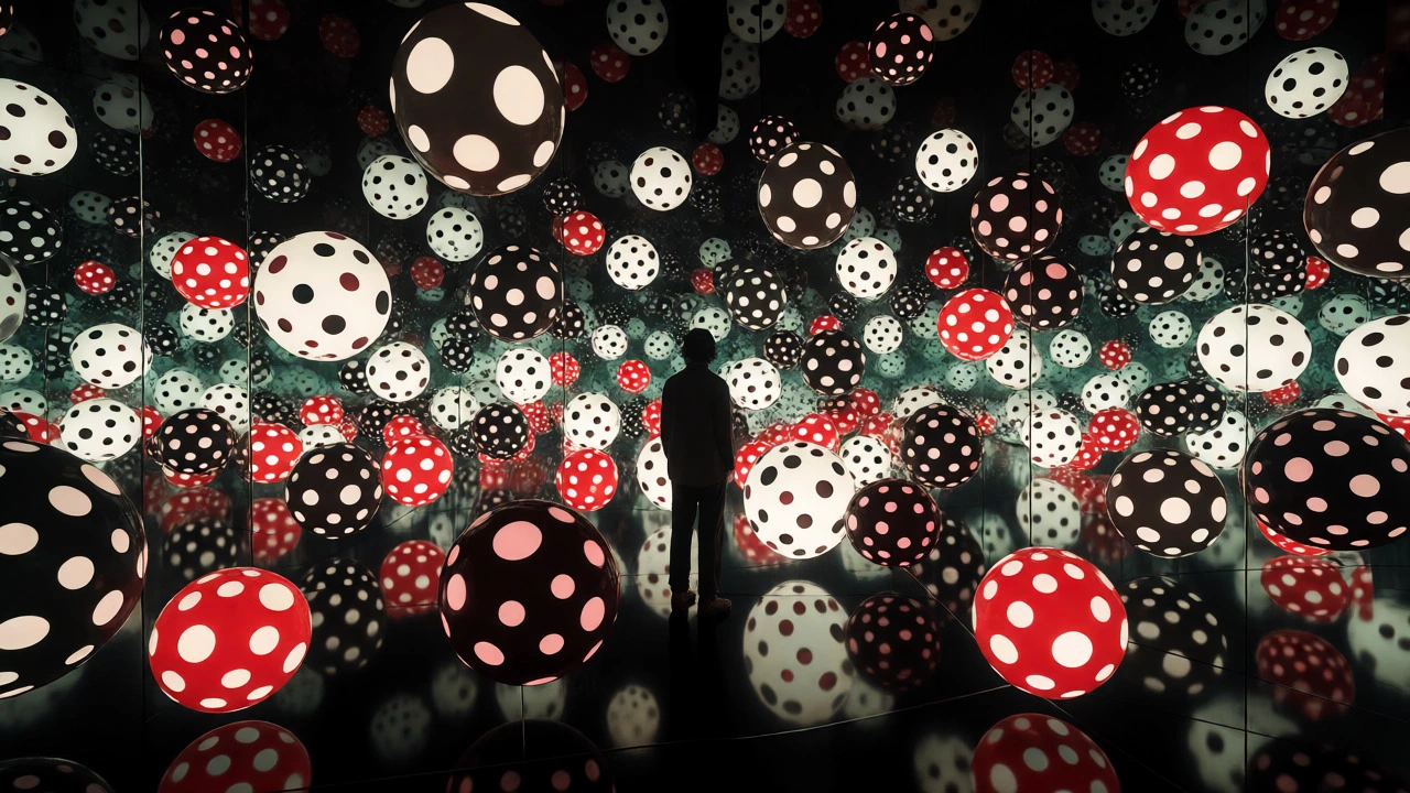Figure standing inside an infinity room with mirrored reflections