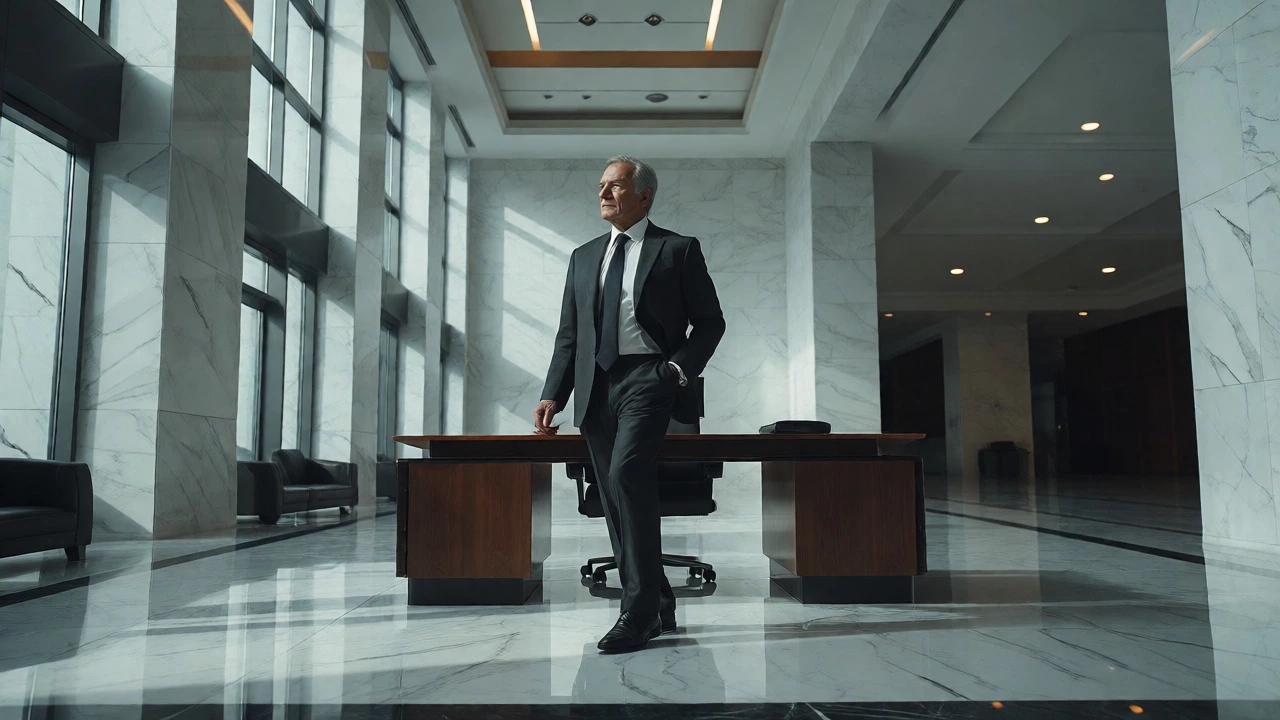 Full-length portrait of a CEO standing in a modern office lobby showing full body and posture.