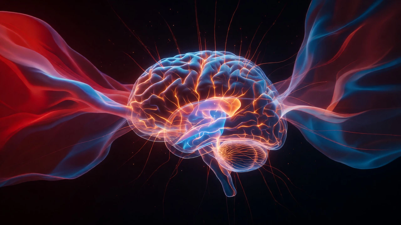 Glowing translucent brain connected to floating abstract color fields.