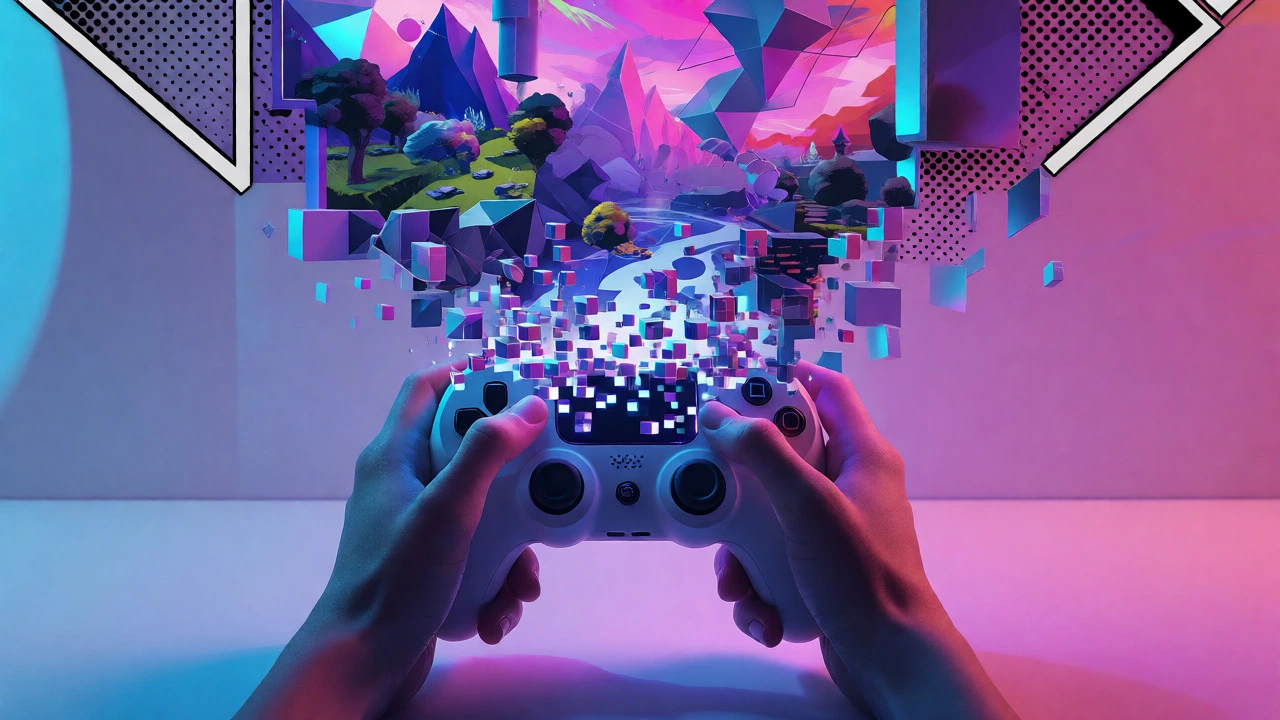 Hands holding a controller dissolving into pixels forming a virtual game world with design elements.