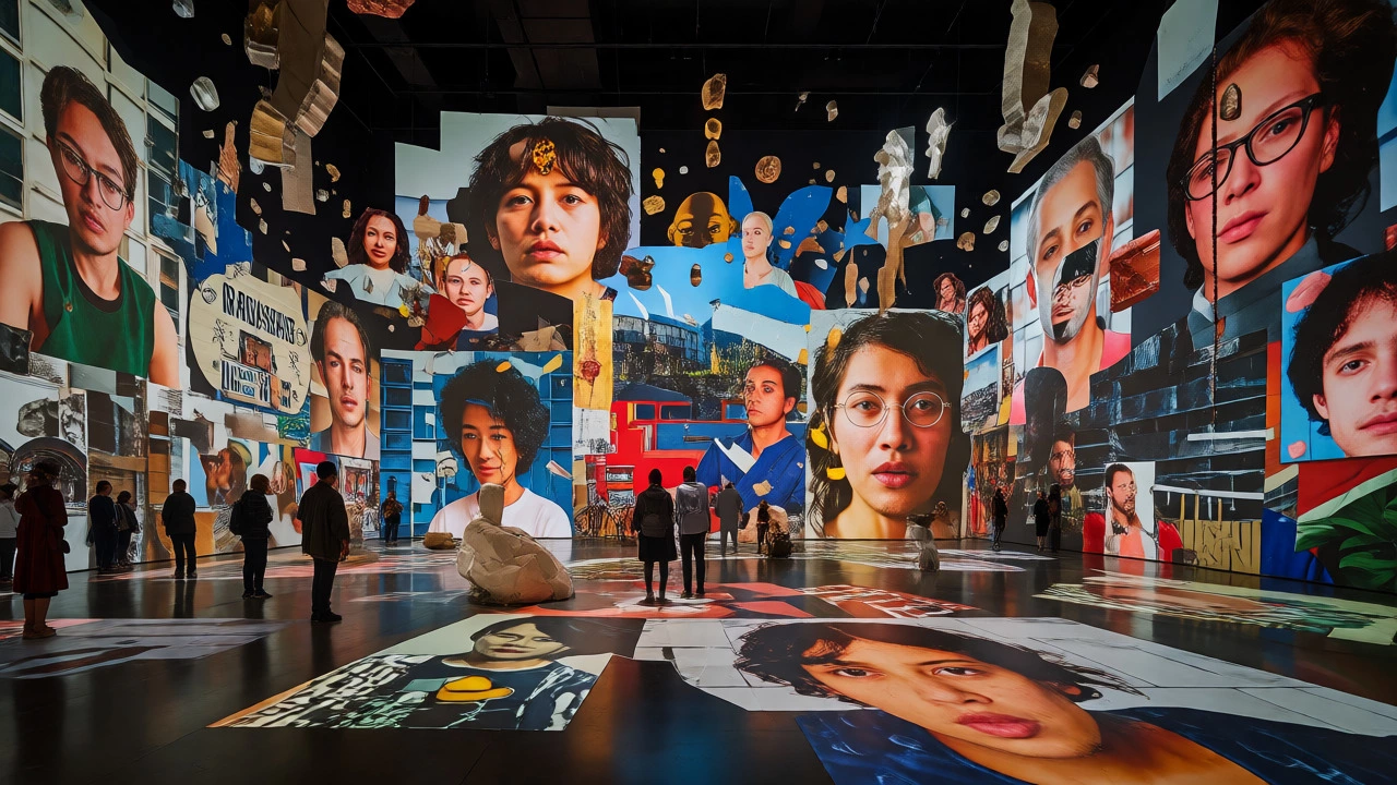 Immersive contemporary art installation with floating photographic fragments