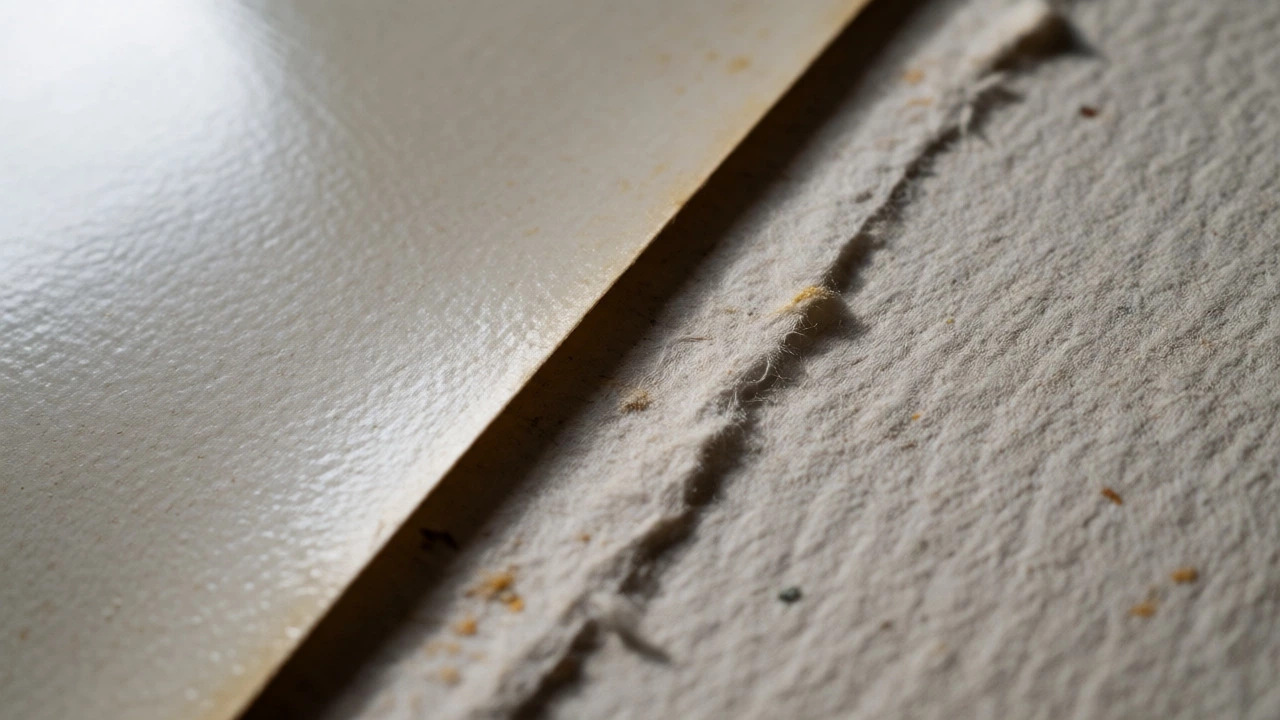 Macro shot contrasting glossy dyed poster paper with textured archival cotton rag paper.