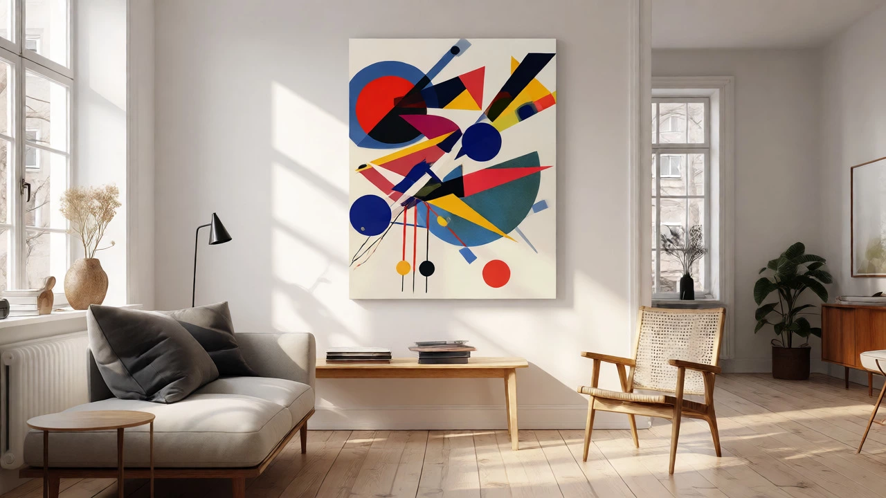 Modern living room with Kandinsky-inspired geometric abstract art print on the wall.