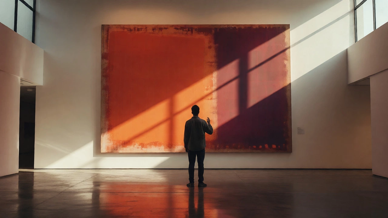 Person contemplating a large abstract color-field painting in a museum.