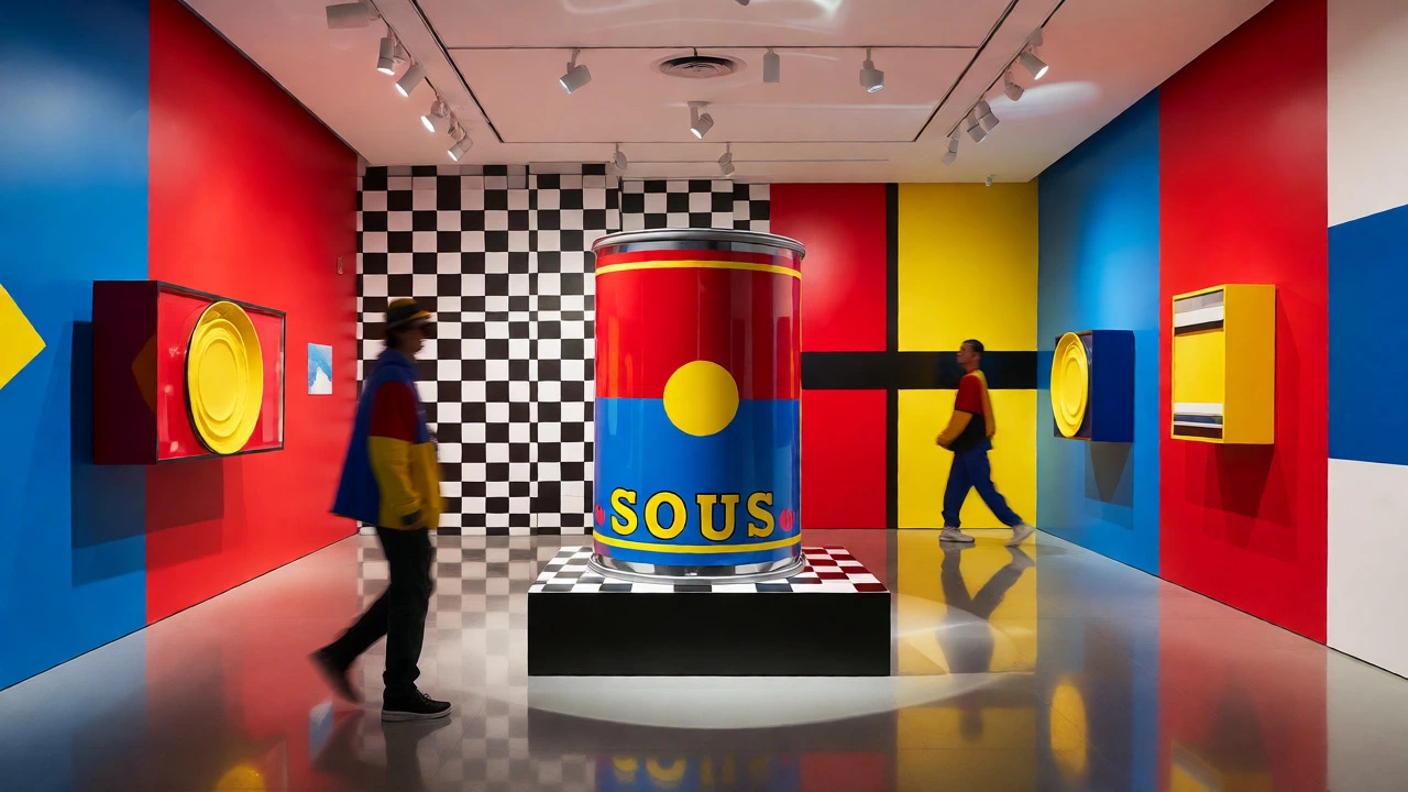 Pop art gallery with a soup can sculpture and geometric wall patterns