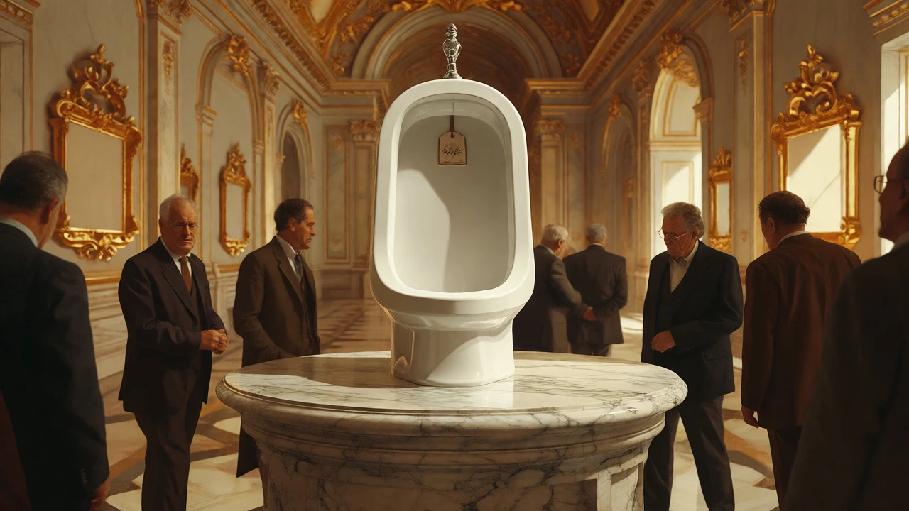 Porcelain urinal on a pedestal in an ornate museum hall.