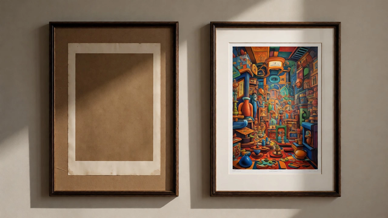 Side-by-side comparison of a faded regular print and a vibrant archival art print in frames.