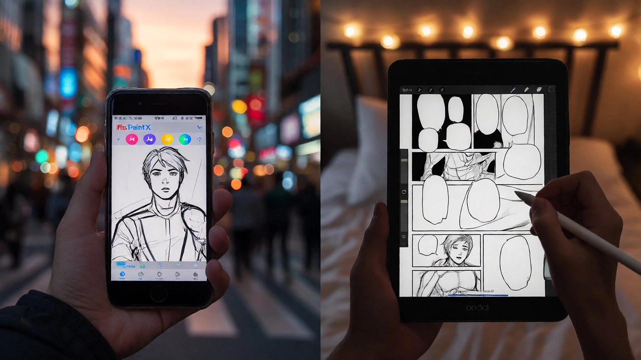 Split view of phone and tablet users creating digital comics and sketches on the go.