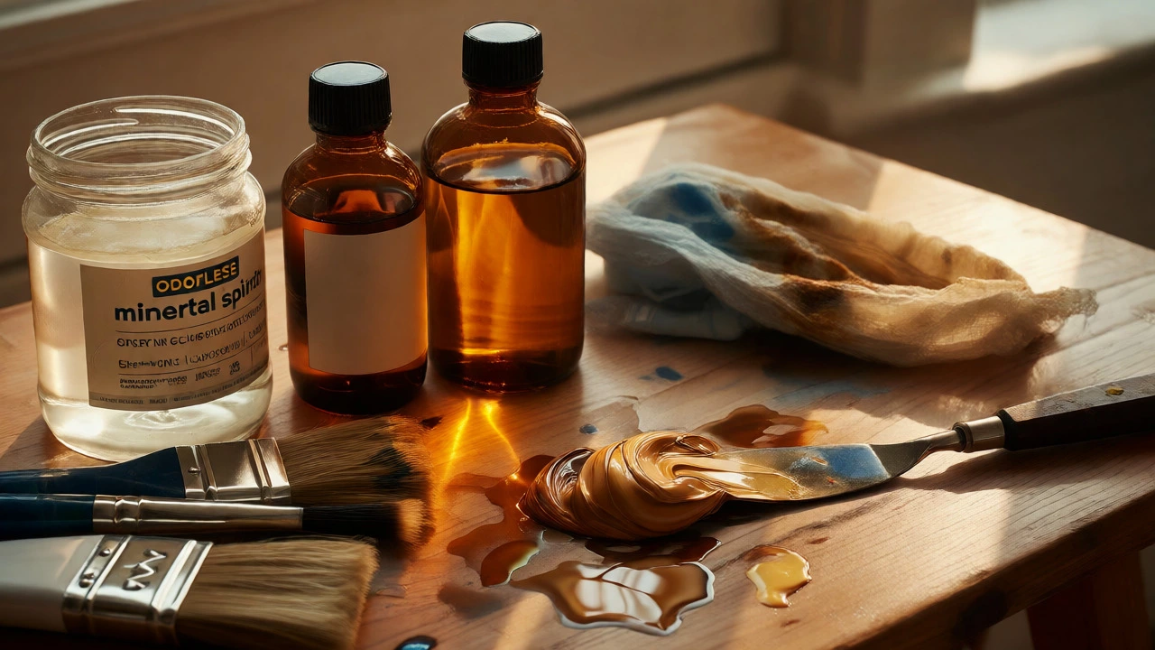 Still life of oil painting supplies including solvents, oils, and brushes on a wooden table.