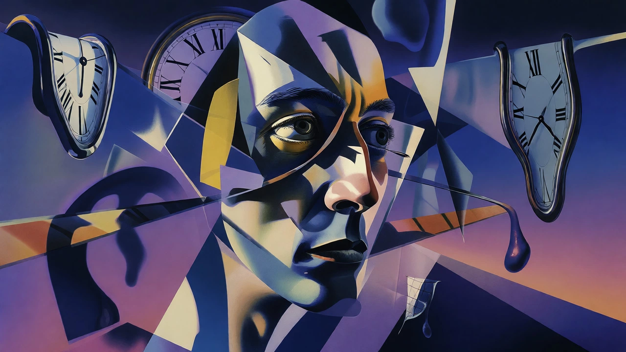 Surrealist artwork featuring fragmented faces and melting clocks
