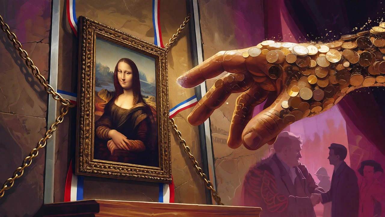 The Mona Lisa bound in golden chains and ribbons, resisting a reaching hand made of gold coins.